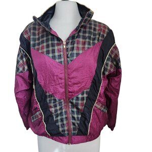Vintage Active Nylon Windbreaker‎ Jacket sz M / 2P Burgundy Gold Plaid Black